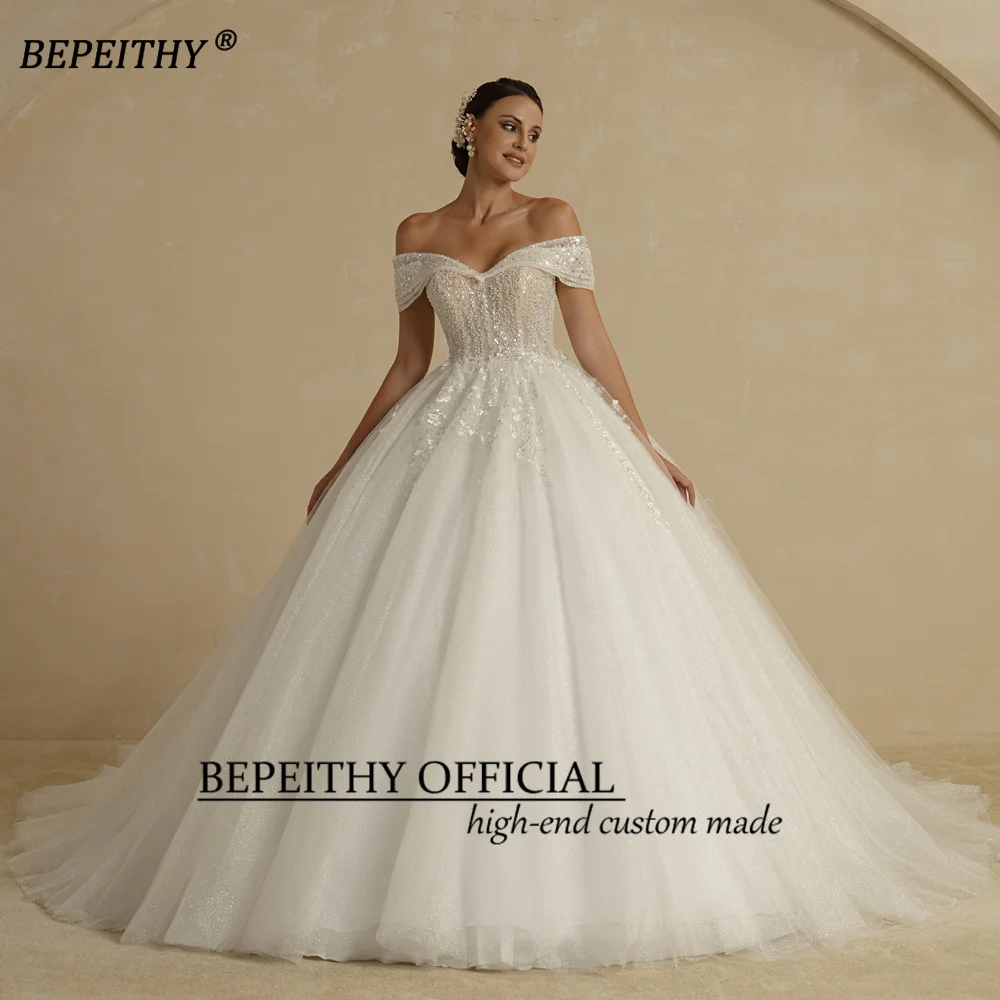 BEPEITHY Ivory Beading Princess Wedding Dresses 2022 For Bride Off The Shoulder Sleeveless Women Glitter Ball Bridal Gown Robes images - 6