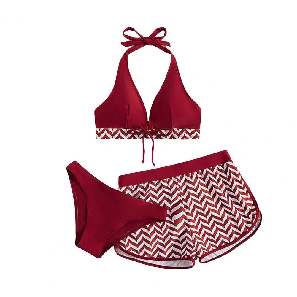 

Hot！3Pcs/Set Halter Lace-up Elastic Waist Bikini Shorts Set Wave Stitching Bra Low Waist Briefs Shorts Set for Swimming Pool