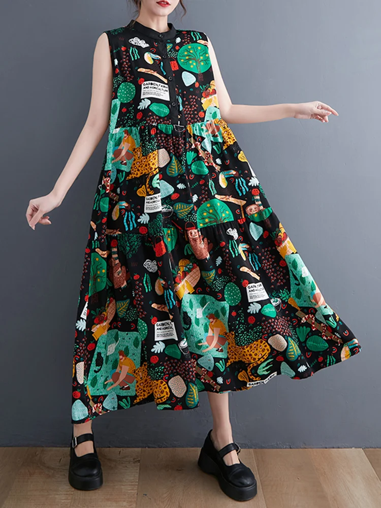 

Женское длинное платье с принтом, повседневное свободное винтажное платье без рукавов с V-образным вырезом, элегантная одежда, весна-лето 2023