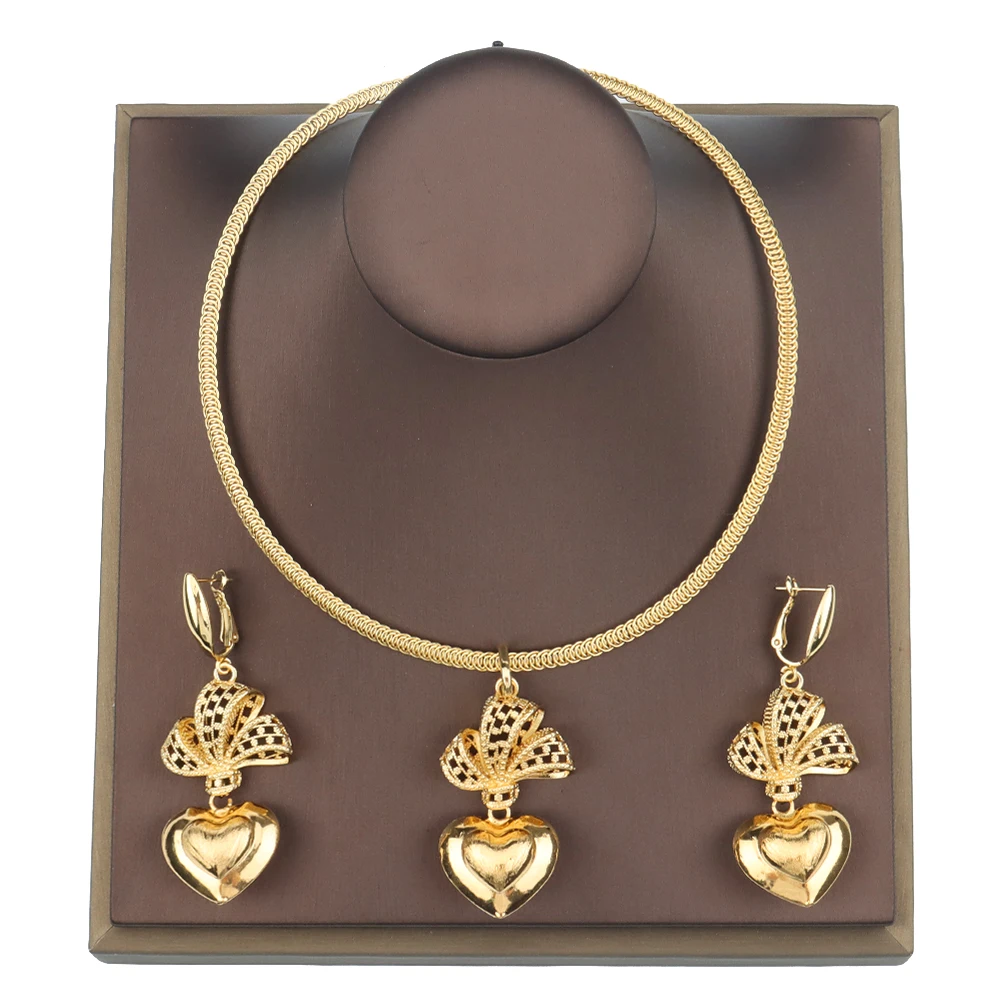 

African Dubai Jewelry Sets For Women Necklace Gold Color Heart Shape Pendant Nigerian Bridal Wedding Gifts Costume Earrings Set
