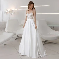 spaghetti strap v neck wedding gowns for women 2022 bride long elegant a line applique bckless bridal dress abiti da sposa