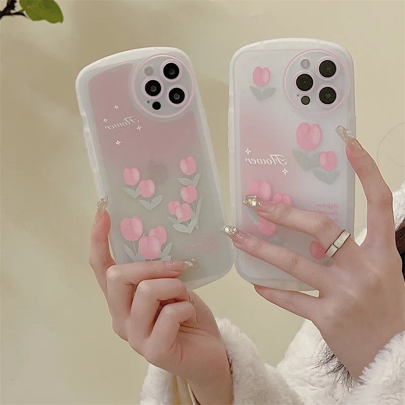 

iPhone Case Silicone Soft Case Circle Lens Pink Tulip For IPhone11 12 13 Promax XS XR XMAX Shockproof Translucent Cover