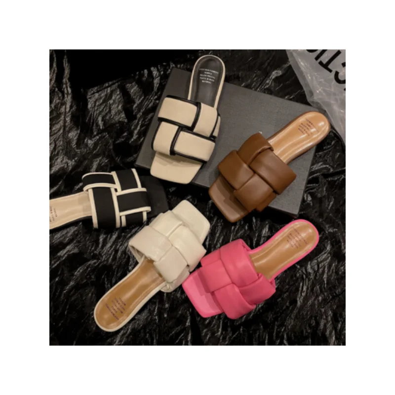2023 Spring/Summer Colored Flat Heel Sandals Square Head Women's Heel Solid Color Slippers Women Sandals Ladies Shoes