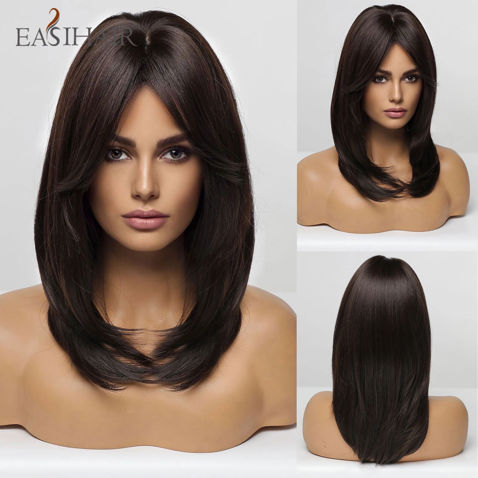 EASIHAIR Dark Brown Wigs with Bangs Layered Synthetic for Women Medium Length Cosplay Heat Resistant Daily Wig |