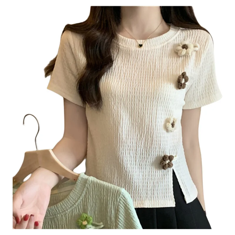 Женская летняя футболка с коротким рукавом и цветочным принтом