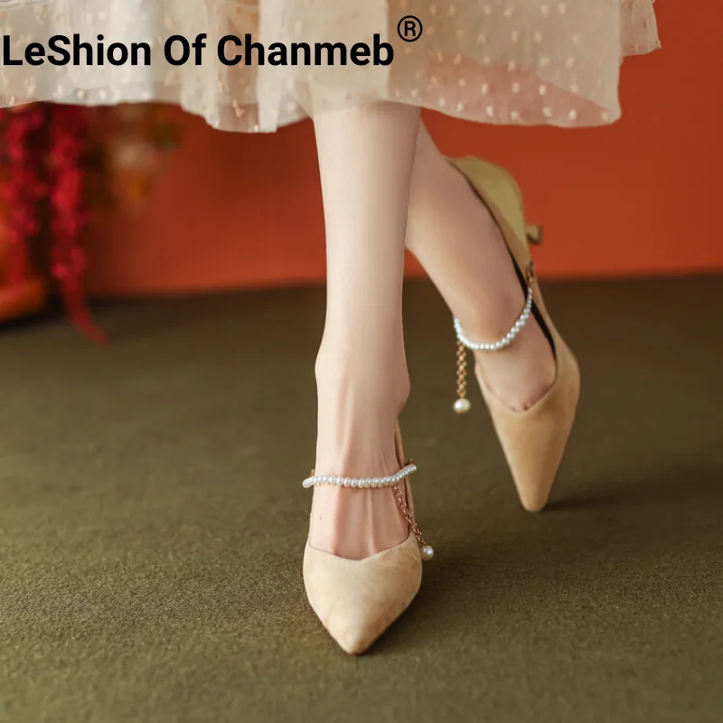 

LeShion Of Chanmeb Woman Sheep Kid Suede Mary Janes Stiletto Heels Pumps Brand MixColor String Bead Pearl Chain Shoes Ladies New