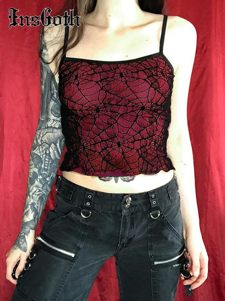 

InsGoth Spider Web Lace Tank Top Gothic High Street Sleeveless Backless Ruffle Crop Top Soild Hip Hop Matching Set Vintage Camis