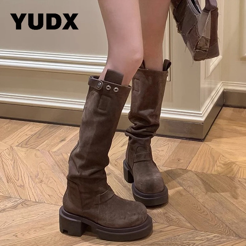 

Женские винтажные ковбойские сапоги до колена, в стиле ретро, из флока, на толстом каблуке, рыцарские туфли-лодочки, зимняя обувь на толстой подошве, 2023