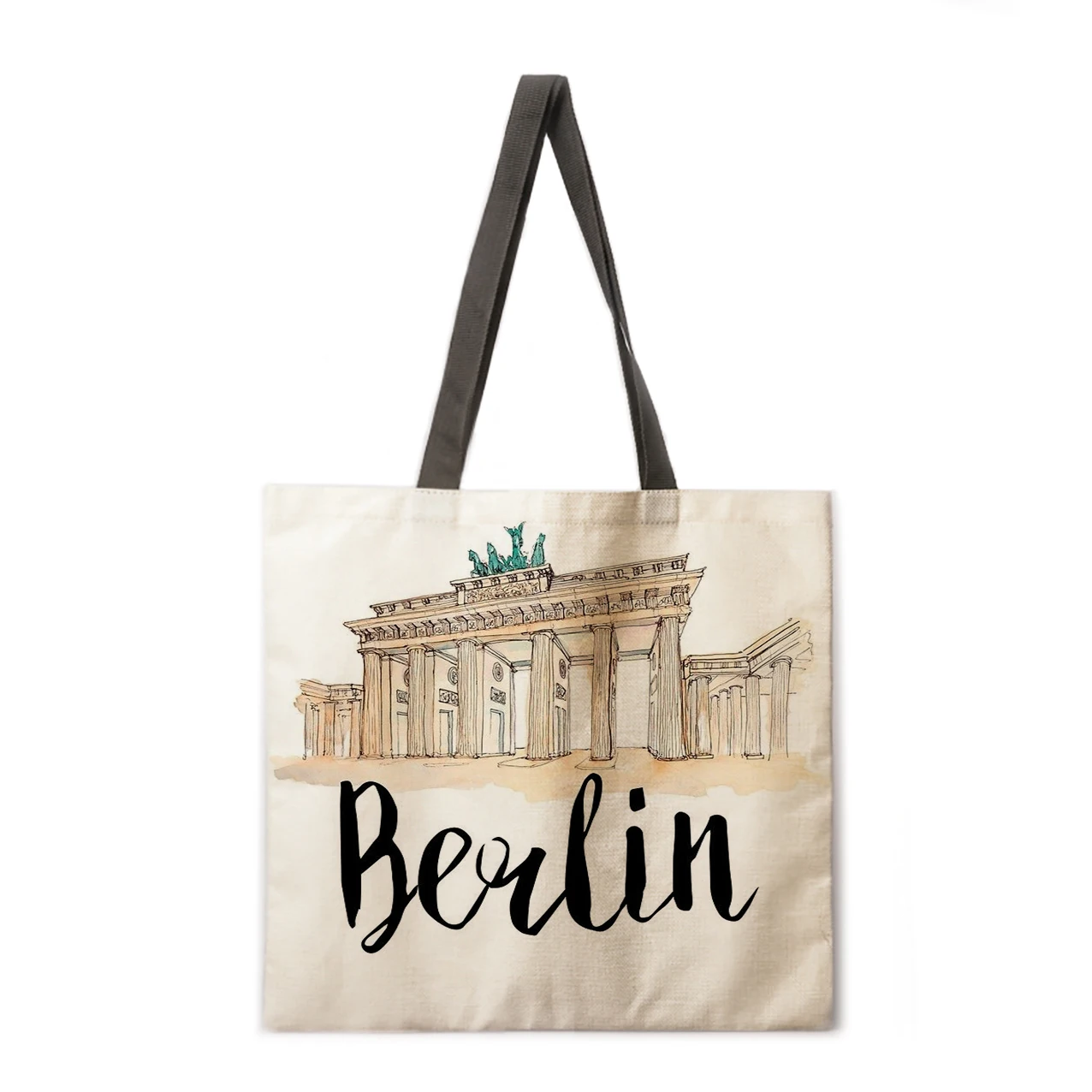 

Watercolor Architecture Print Handbag Ladies Casual Shoulder Handbag Eco-Friendly Reusable Shopping Bag Foldable Large Capacity