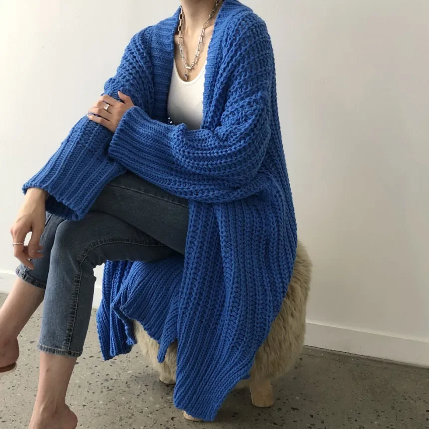 Осень-зима женский однотонный вязаный длинный кардиган модный теплый свитер с