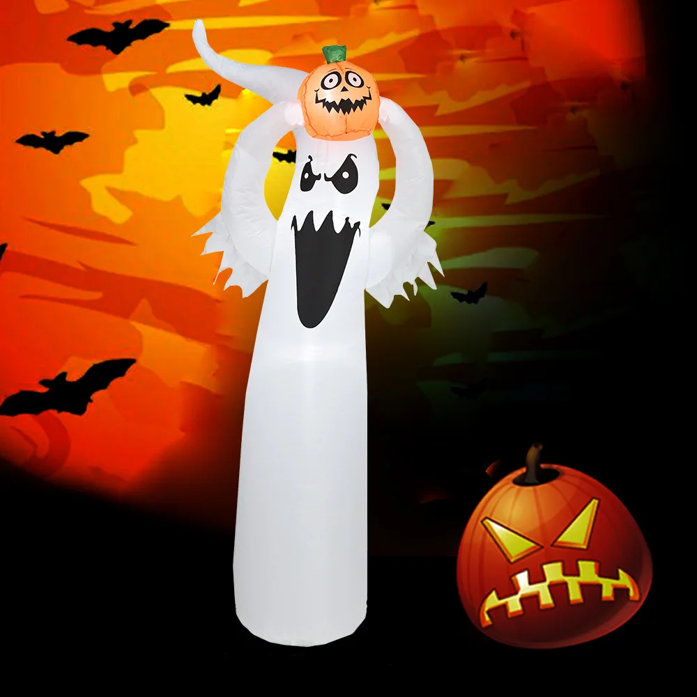 

LED 180cm Inflatable White Ghost Spooky Lighted Doll with Lifting Pumpkin Outdoor Garden Yard Decor Windsock Halloween Props