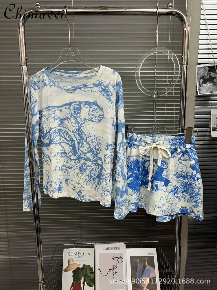 Женский комплект из двух предметов, модный брендовый синий комплект из шорт из гренадина с длинным рукавом и круглым вырезом, лето 2023