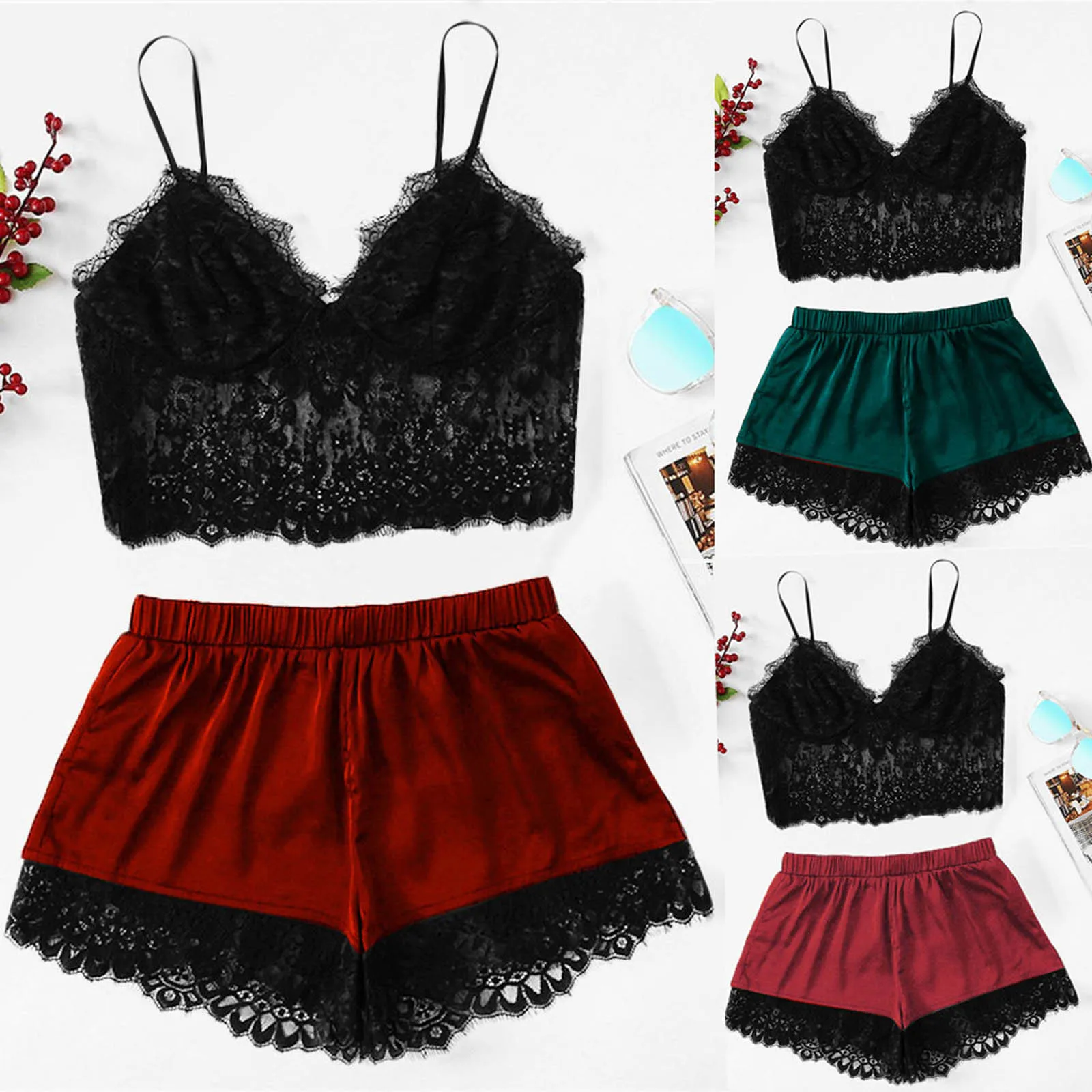 

Women Sexy Lace Suit Sleepwear Hollow Out Embroidery Black Tube Tops Elastic High Waist Loose Sleep Pants Erotic Two Piece Set
