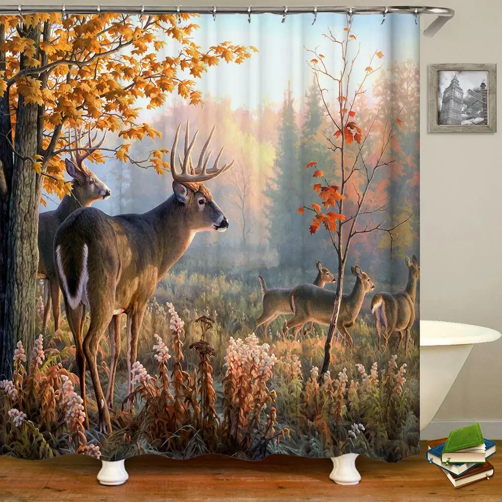 

Cortinas de ducha de ciervo con ganchos, impermeables, animales de alce 3d, decoración de baño, impresión lavable, pantalla de