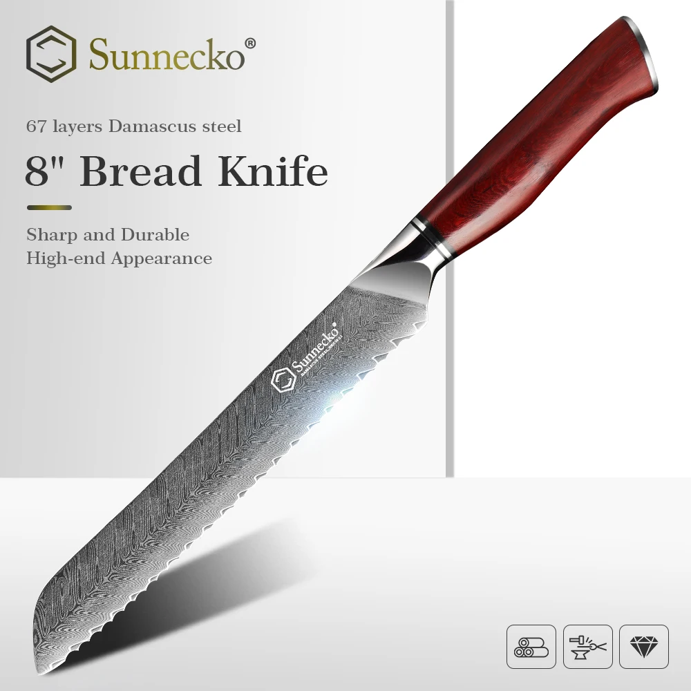 

Нож для хлеба Sunnecko VG10, японские кухонные инструменты из дамасской стали, 8 дюймов, с деревянной ручкой, острые лезвия для мяса и фруктов