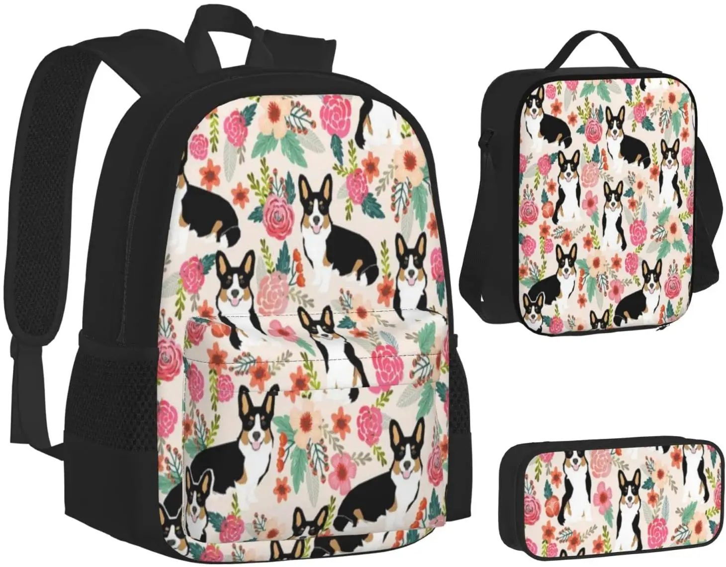 Kids School Backpack Cute Corgi Schoolbag Travel Bag Casual Daypack Lunch Bag Pencil Case for Boys Teens Girls 3pcs Sets