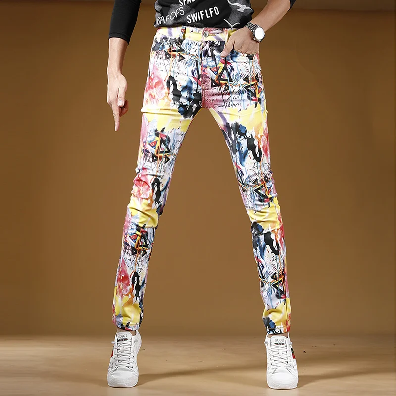 

Digital Colorful Printing Jeans Men Casual Pants Streetwear Fashion Cotton Slim Fit Straight Denim Trousers