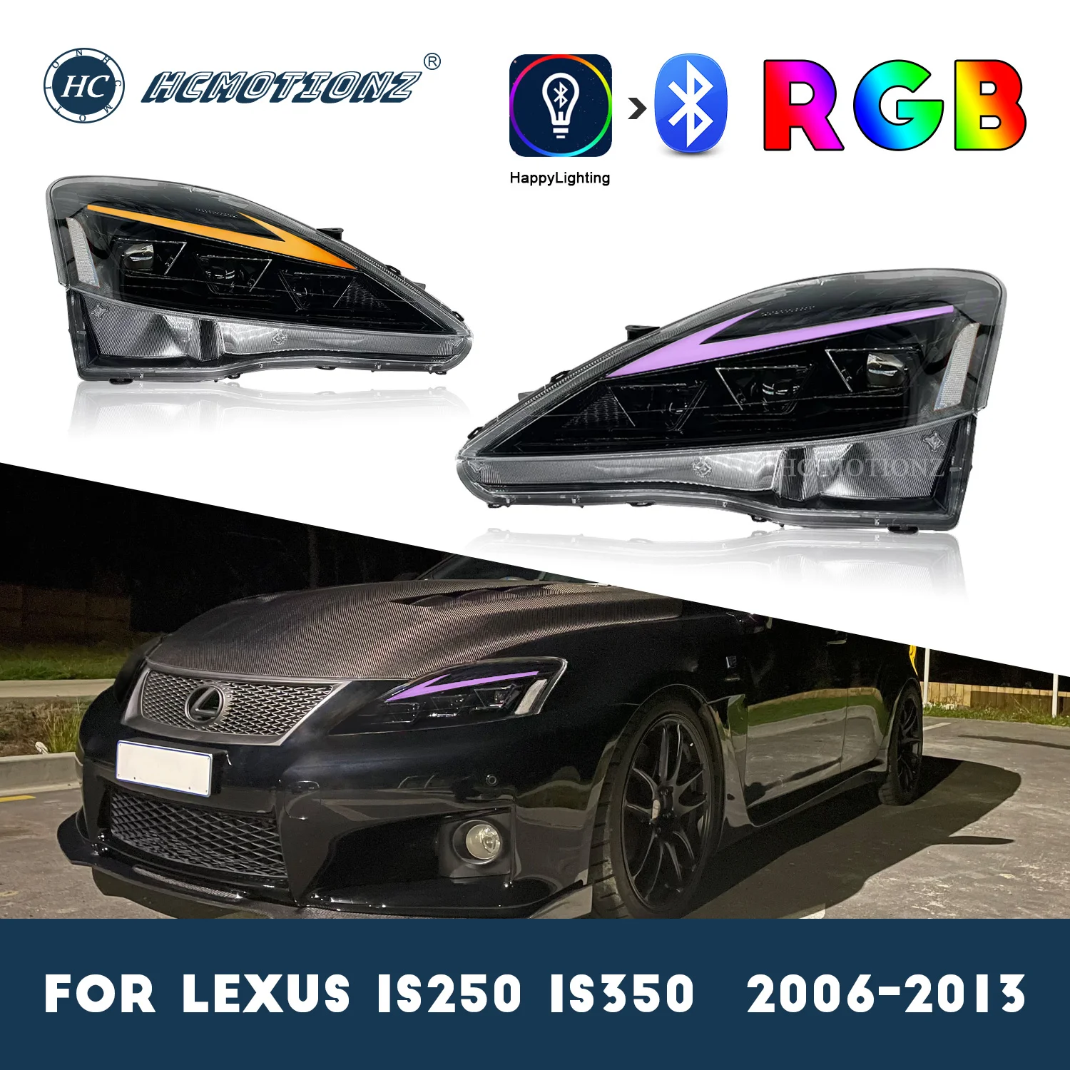 HCMOTIONZ светодиодный RGB фары для Lexus IS250 IS350 ISF 2006-2013 активируют синий красочный