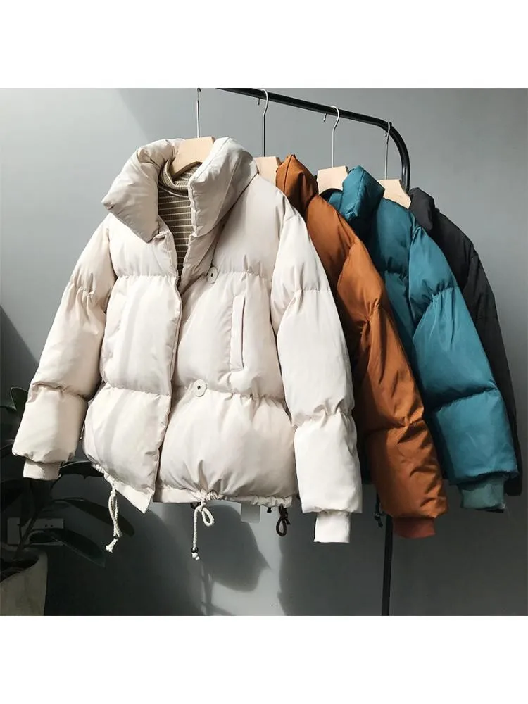 2022 Winter Padded Bread Warm Coats Jackets Women Korean Version Of Loose Cocoon Stand Collar Short Thick Black Parkas