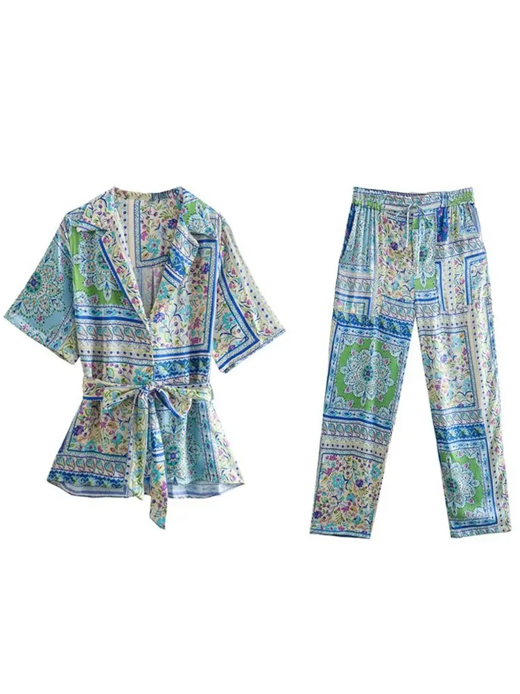 

2022 Summer Women Satin 2 piece sets Suits Fashion Print Shirts Tops and Trousers Female Elegant Street Suit Clothing