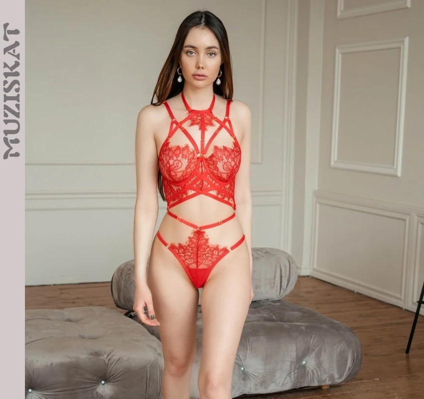 

2023 New Hollow Lace Eyelash Hanging Neck Body Shaping Sexy Lingerie Set