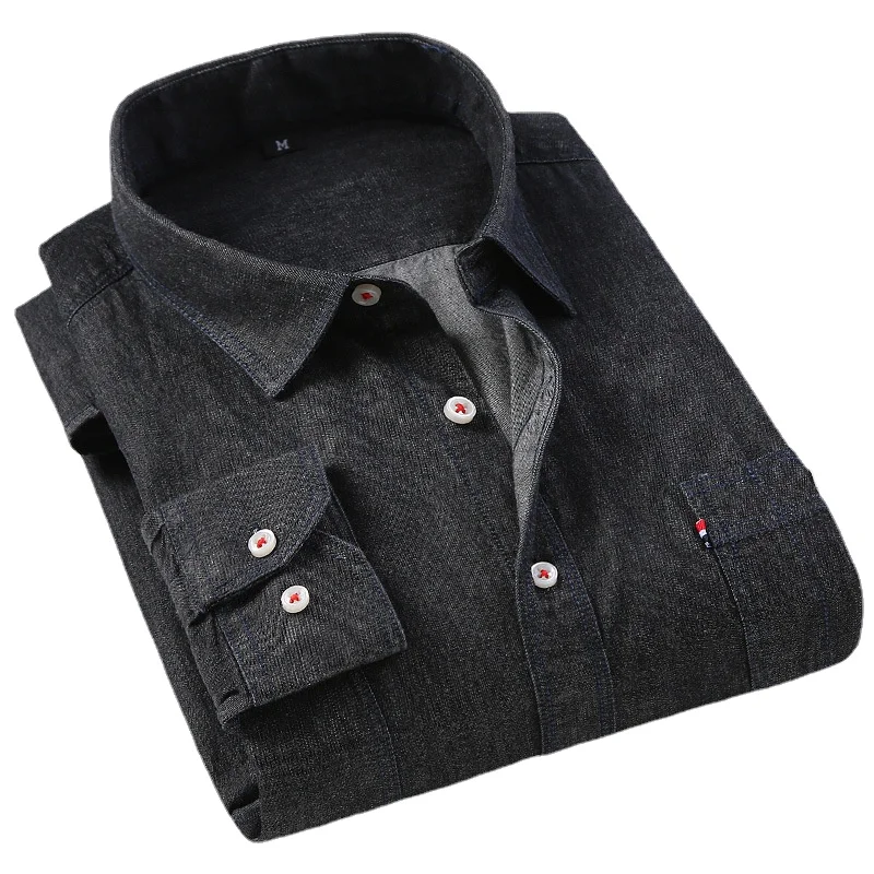 Classic Men's Denim Shirts Slim Fit Long Sleeve Leather Spring Autumn Men's Shirts