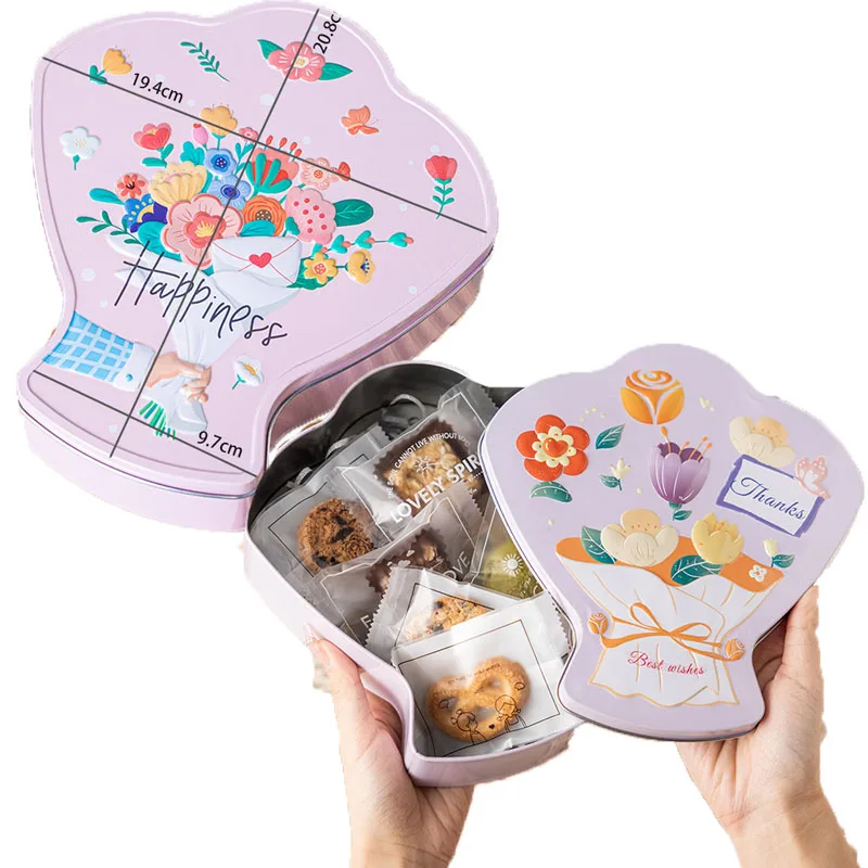 

Valentine's Day Wedding Cookies Iron Box Happy Candy Snack Packaging Snow Crisp Nougat Flower Shaped Hand Gift Empty Box