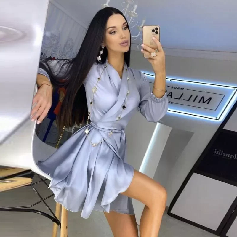 

Free Delivery Women Satin Fashion A Line Mini Dress V Neck Front Cross Long Sleeve Sashes High Waist Casual Pleated Dress 2021 N