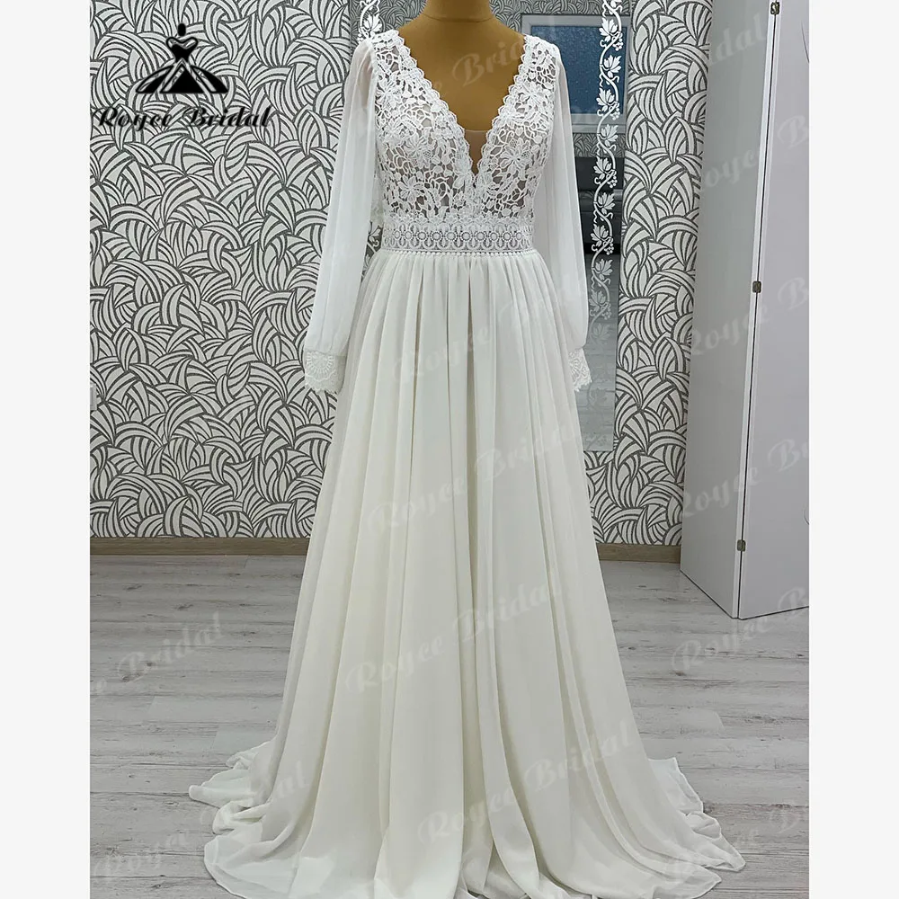 Женское кружевное шифоновое платье бохо свадебное с V-образным вырезом и длинным