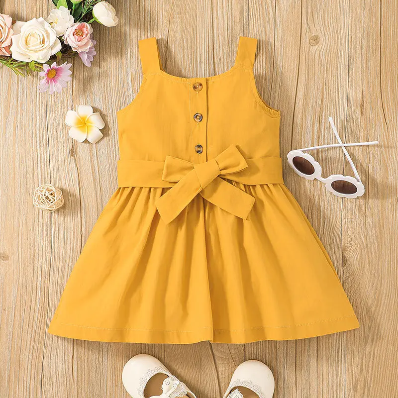 

Summer Style 2022 New Arrivals Girls Summer Style Dress Sleeveless Button Bow Sashes Yellow Cute A-Line Girl Cake Dress 0-2T