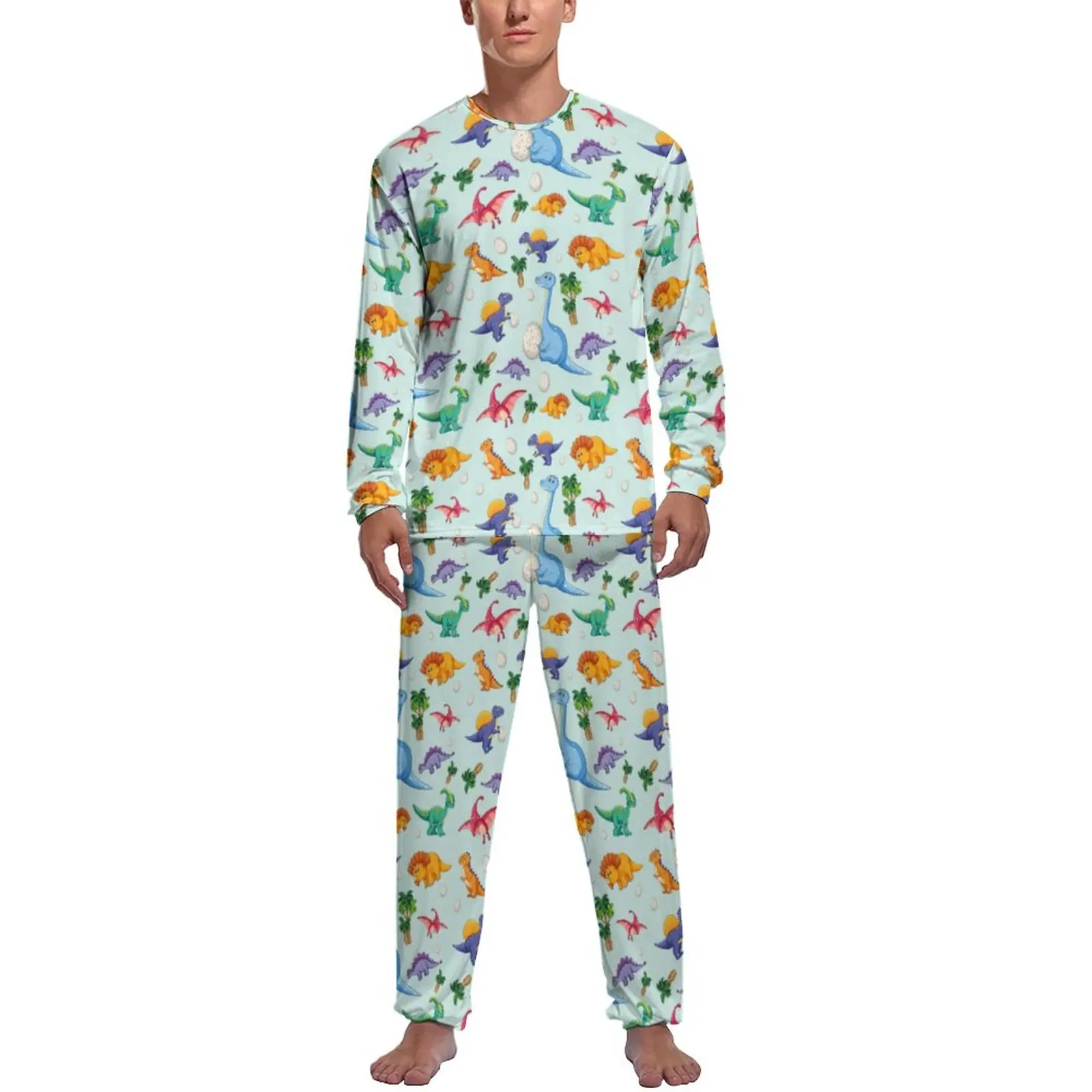 Colorful Cute Dinosaurs Pajamas Daily Jungle Animal Print Room Nightwear Men 2 Pieces Graphic Long-Sleeve Cute Pajama Sets