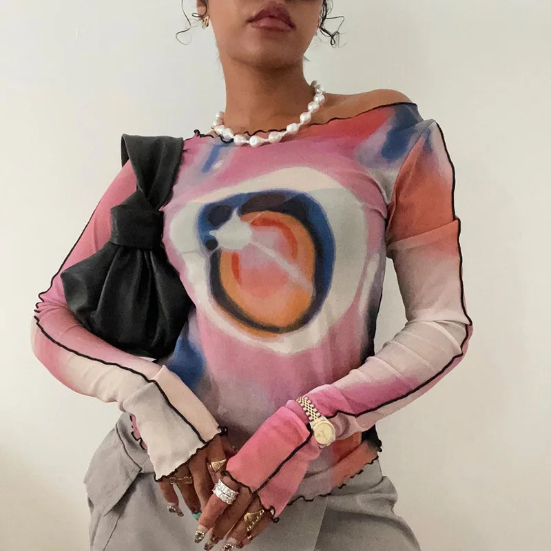 

Новинка осени 2022, пуловер Q22TP424 с круглым вырезом и длинным рукавом, сетчатый принт, пупок, европейская красивая блузка, футболка