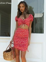 wildpinky floral print two piece women dress sets holiday v neck puff sleeve ruffle short top mini skirt sets summer suit sheath