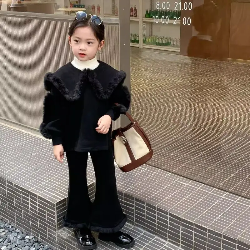 

Модная весенне-осенняя одежда для маленьких девочек из двух предметов, пуловер с отложным воротником и черной отделкой из меха, свитеры, расклешенные брюки