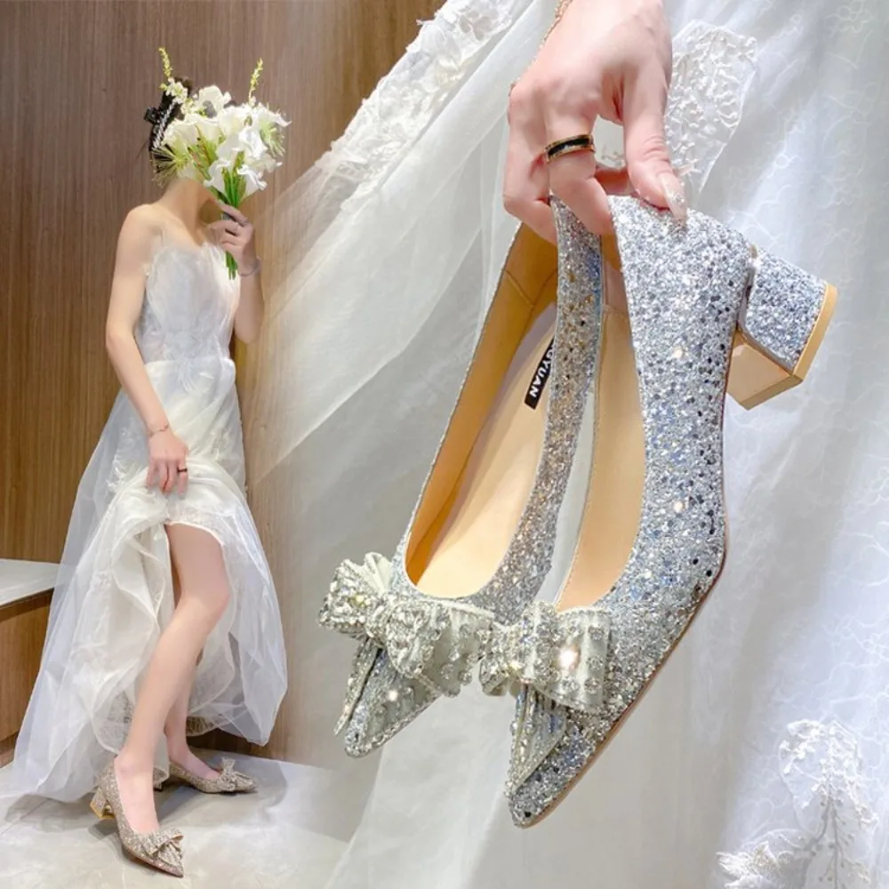 

Shiny Crystal Bowknot Pumps Women 2024 New Thick Heels Rhinestone Wedding Party Shoes Woman Gold Silver Sequin Pointed Toe Pumps
