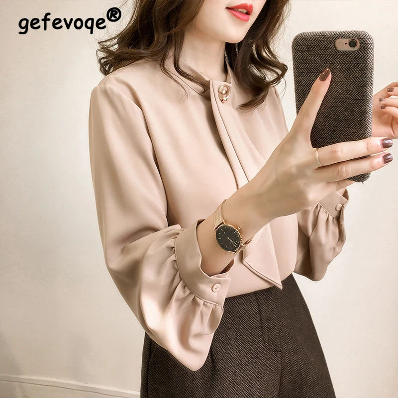 

Spring Autumn Scarf Collar Elegant Fashion Solid Loose Casual Chiffon Blouse Women Long Sleeve Temperament All-match Shirt Blusa