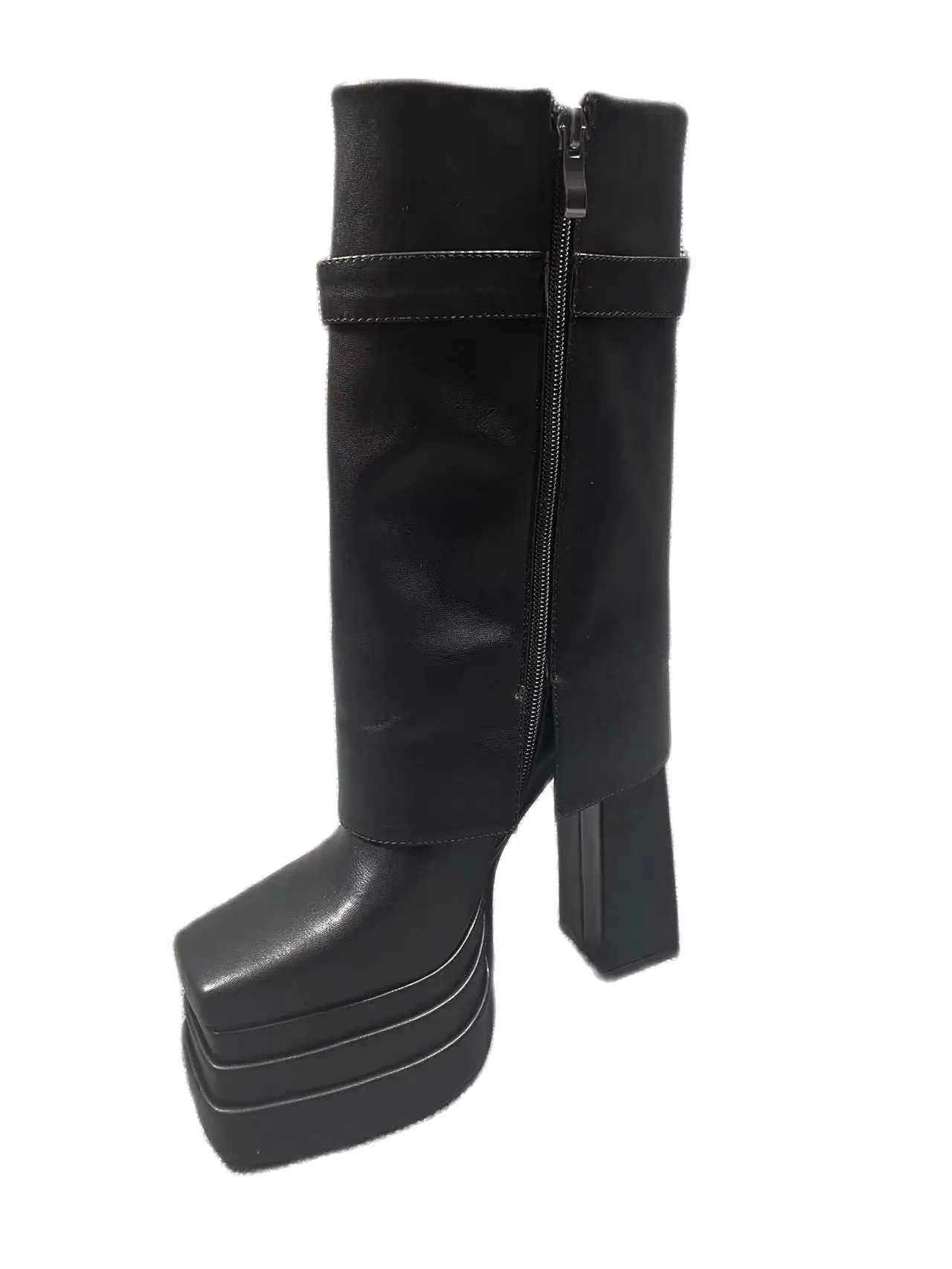 Woman Black Leather Thick Platform Mid-calf  Boots Women Winter Concise New Botas Chunky High Heel Female