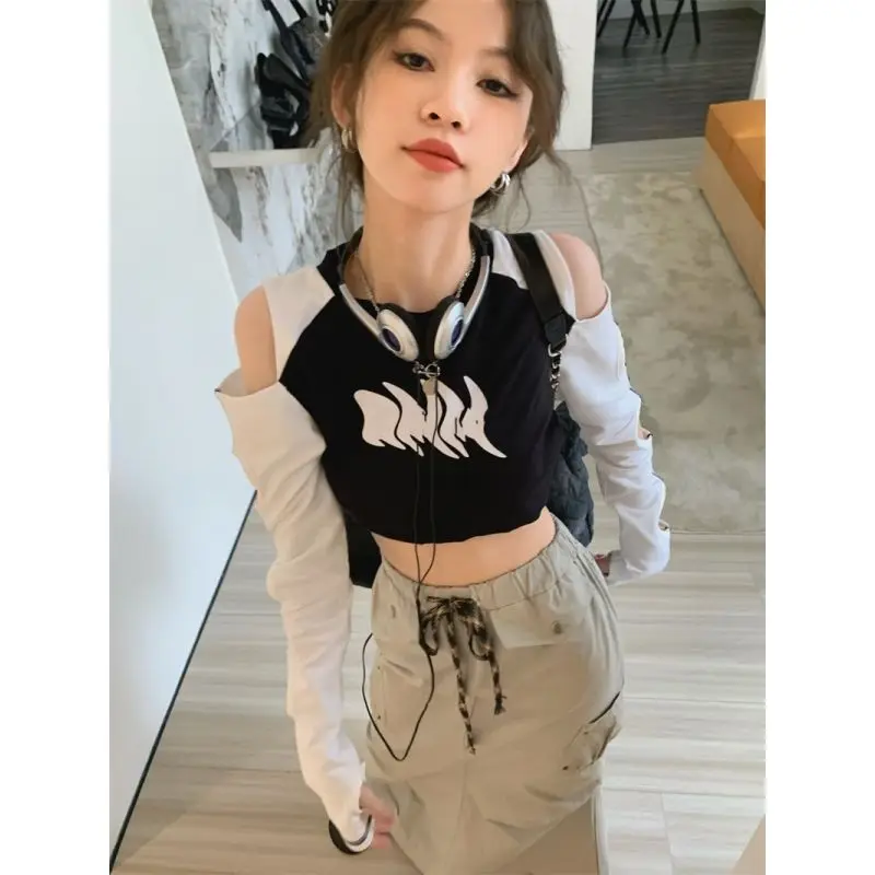 

American Retro Black Hollow Out Y2K Tshirts Slim Long Sleeve Print O Neck Off Shoulder Tees Short Crop Tops Sexy Camiseta Women