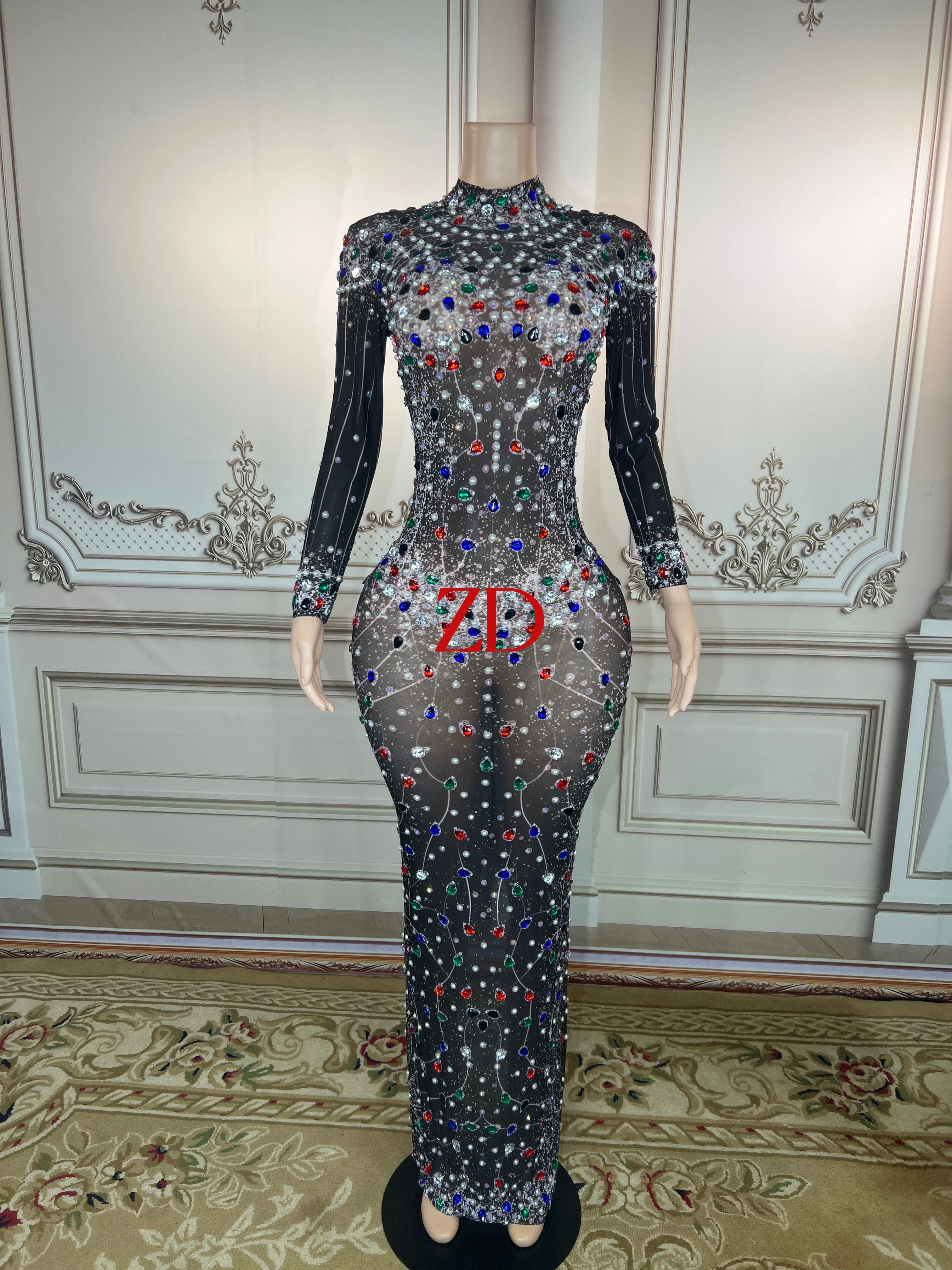 Colorful Crystals Pearls Sexy Mesh Dress Prom Evening Sexy Transparent Multicolor Rhinestones Costume BirthdaySleeves