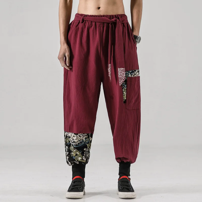

Kimono Men Cotton Linen Samurai Costume Ukiyo-e Print Belt Retro Harem Pants Haori Baggy Trousers Harajuku Hip Hop
