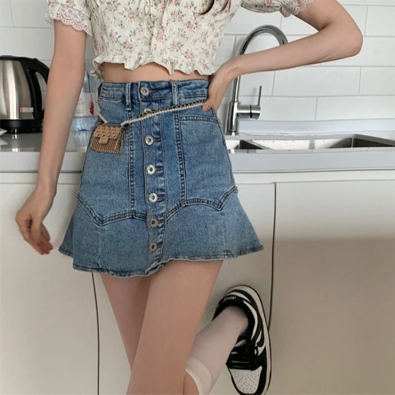 

ALANOS 2022 Summer Women's New Sweet and Spicy High Waist A-line Bag Hip Skirt Design Is Thin High Waist Denim Fishtail Skirt