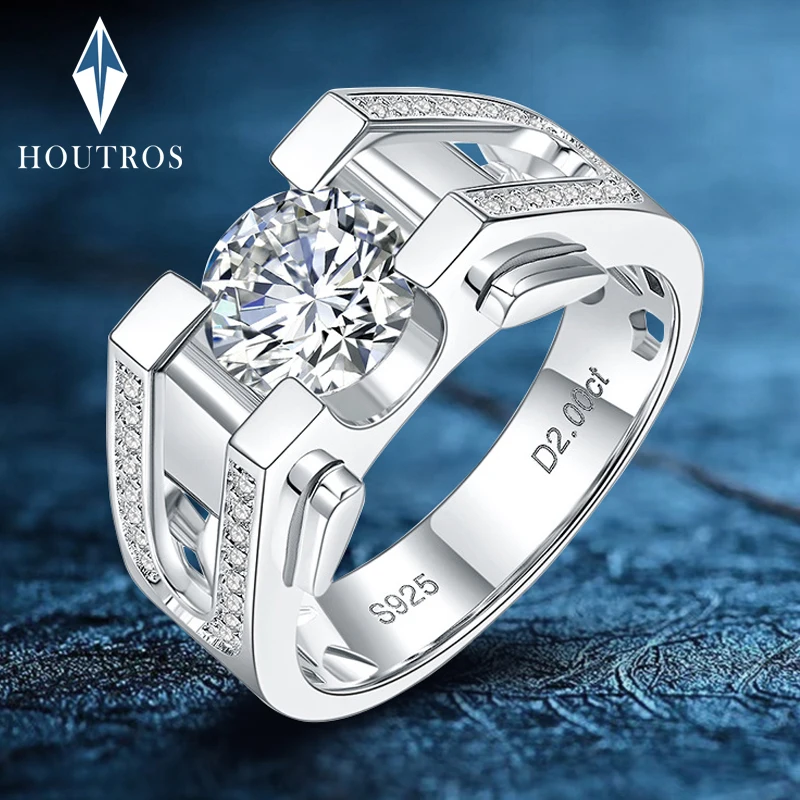 

Houtros 1ct/2ct D Color Moissanite Wedding Band For Men 925 Sterling Silver Sparkling Diamond Rings Luxury Jewelry Certifited