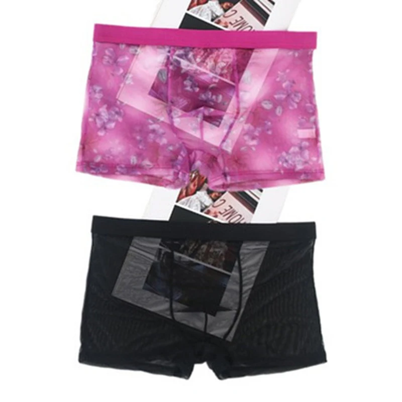 New Transparent Men's Boxer Briefs Lace Tulle Mesh Large Size Four-Corner Sexy Underwear Seamless Ice Silk Men's Underwear