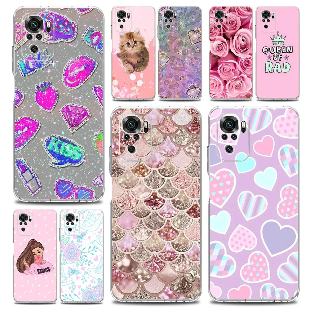 

Transparent Phone Case For Xiaomi Redmi Note 10 11 Pro 9S 9 8 7 8T 9C 9A 8A K40 Pro Soft TPU Back Cover Rose Pink Princess Queen