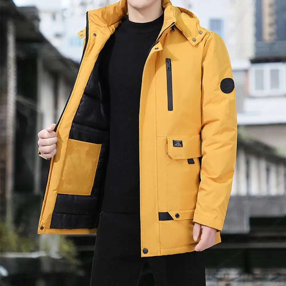 Winter Men Jacket Thicken Cotton Padded Long Sleeve Solid Color Plus Size Coat Loose Windproof Hooded Outwear Streetwear