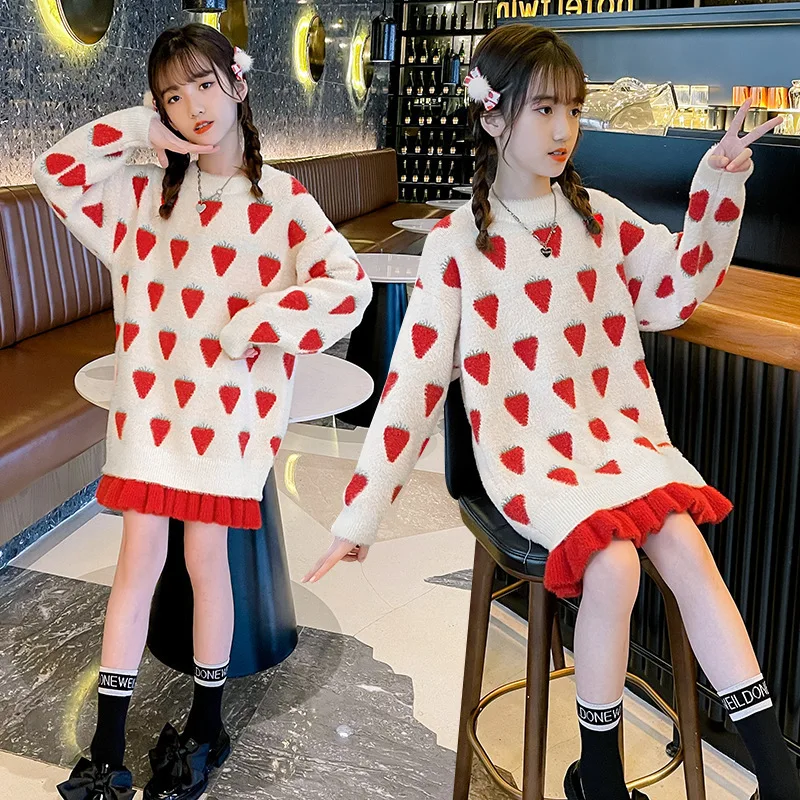 

Свитер для девочек, топы средней длины на осень и зиму, вязаная рубашка с принтом клубники, Модный пуловер из искусственной норки и флиса для подростков 10, 12, 14 лет