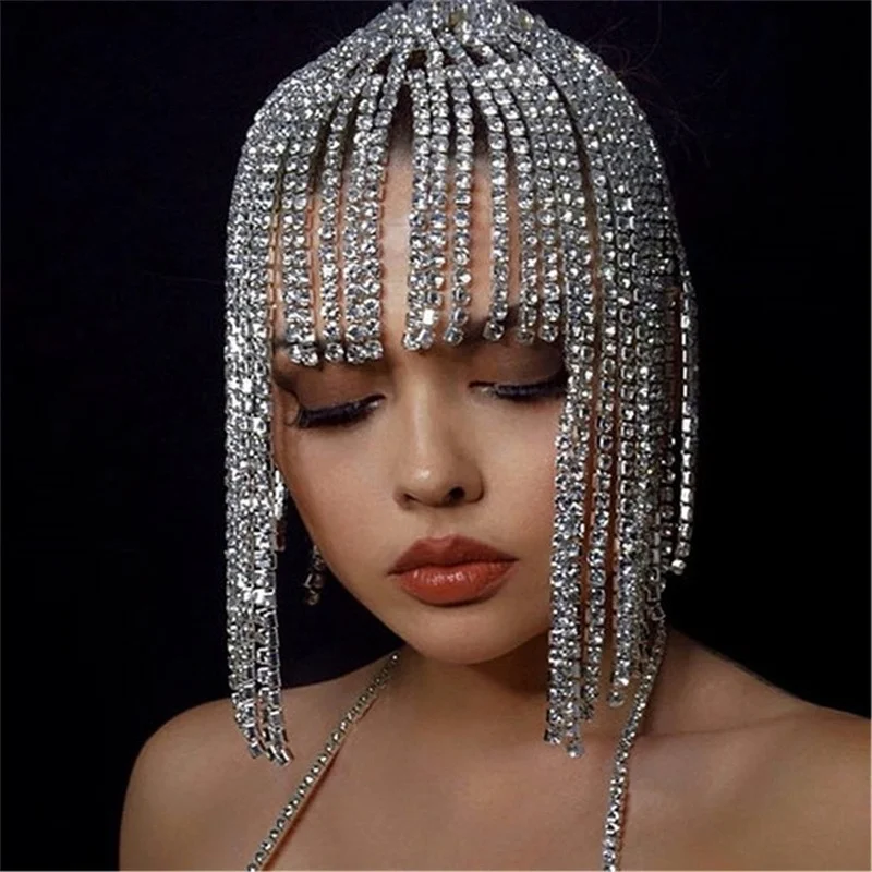 

Luxury Wedding Headpiece Bridal HairChain Tiara Hair Jewelry for Women Full Rhinestone Tassel Forehead Headband Accessories Gift