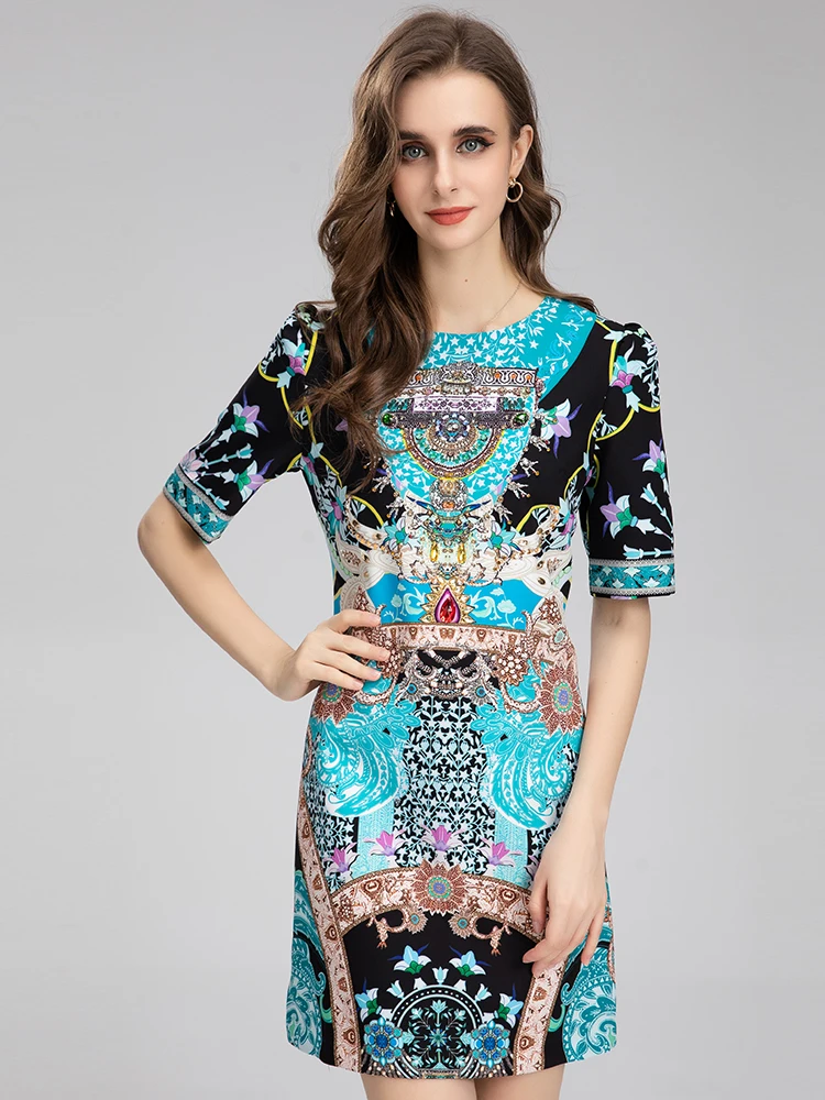 MoaaYina Fashion Runway dress Summer Women's Dress O Neck Short sleeve Diamond bead Flower Print Loose Vintage Party Dress