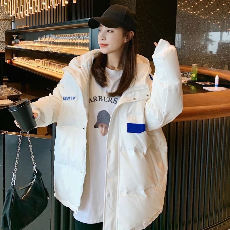 2021 Winter Female Loose Casual Jackets Korean Thickening Overcoat Women White Duck Down Hooded Jacket Long-sleeve Warm Parkas