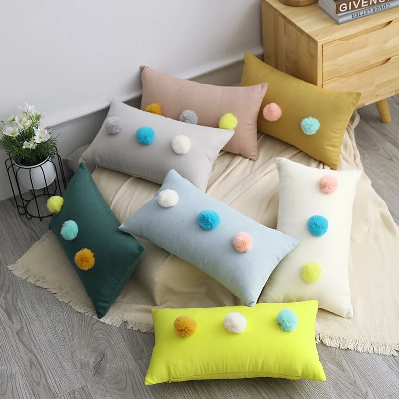 

Throw Pillows 6pcs PomPoms Solid Color Cushion Cover 30x50/45x45cm Velvet Sofa Cover Pillow for Sofa Bed Decoration